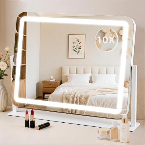 Vanity Mirror with Lights 22x17, Lighted Makeup Mirror with 10X Magnification 4.5, 3 Color Dimmble Lights, Touch Control, 360° Rotation, Metal Frame, Women's Gift, For Bedroom/Dressing Room, White