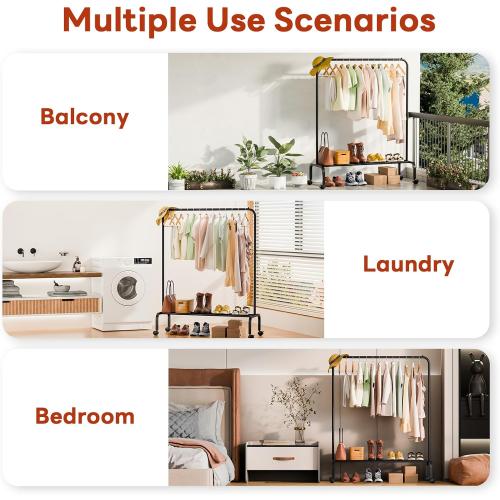 Metal Standing Clothes Rack, Rolling Clothing Rack for Hanging Clothes, Portable Clothes Rack with Storage Shelves, Black