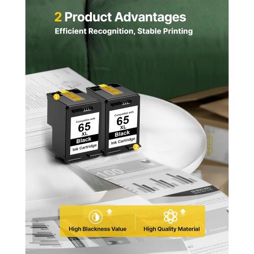 65XL 65 XL for HP 65 Black Ink Cartridge (2-Black) 65XL Ink Cartridge for HP Printers Envy 5000 5055 5058 5052 5014 DeskJet 3755 3772 3720 2622 2680 DeskJet 3720 Printer