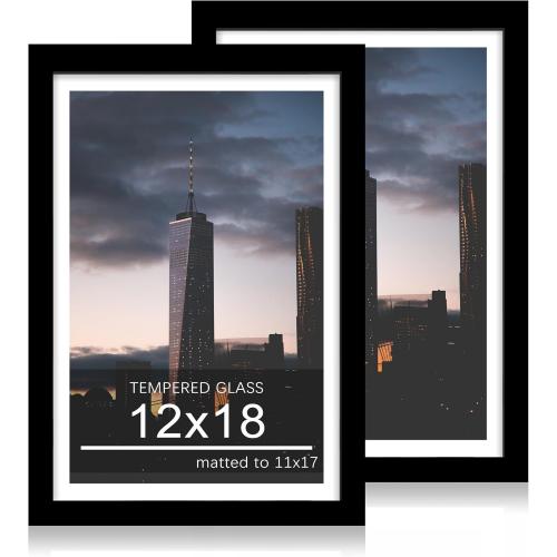 12x18 Picture Frame Set of 2, 12 x 18 Wood Poster Frames with Mat for 11x17, Wooden Photo Frames with Tempered Glass Cover for Wall Display,Black