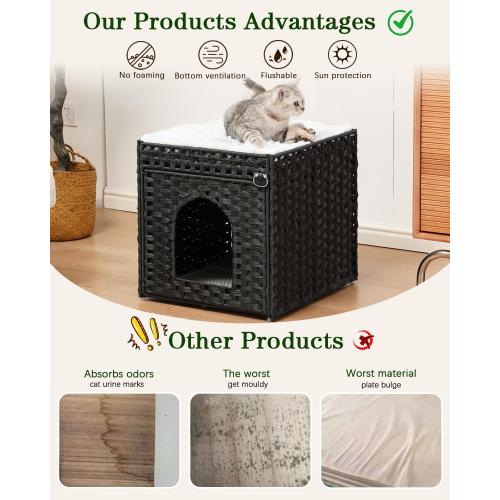SETVSON Cat Litter Box Enclosure Furniture, Hidden PE Rattan, Black | PE Rattan Kitty House with Top Fence, Fits Standard Litter Box, Included Litter Mat, 2 S-Hooks, Sturdy Metal Frame