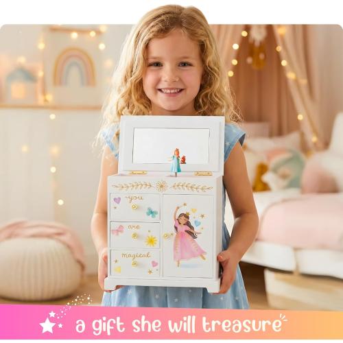 Giggle & Honey Princess Musical Jewelry Box for Girls - Kids Music Box with Drawers, Fairytale Gifts for Girls Birthday, Princess Jewelry Boxes for Ages 3-10 - 9 x 5 x 9.3 in, White