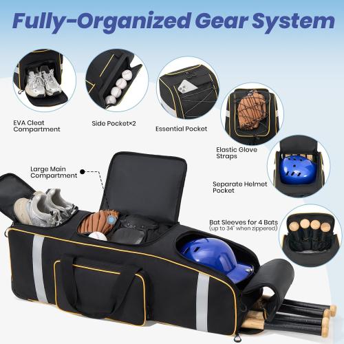 Fanwoli 81L Rolling Baseball Bag with Wheels, Softball Catchers Gear Bags for 4 Bats (Fits Up To 34), Separate Shoe Compartment, Safety Reflective Strip, Fence Hook, Foldable T-Bag for Youth & Adult