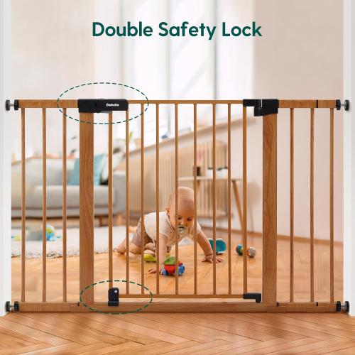 Babelio 29-48 Metal Baby Gate with Brown Wood Pattern, Auto Close Dog Gate PressGuard P7 for The House, Stairs and Doorways, Pressure Mounted Pet Gate with Door, Safety Gate for Child and Pets