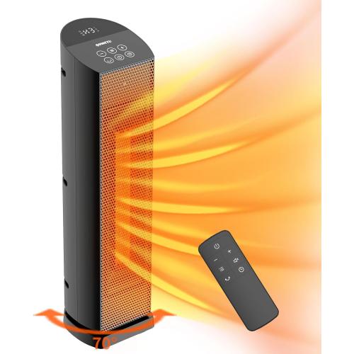 Space Heater for Indoor Use with Remote - 70° Oscillating Tower Electric Heater, 24 Inchs, 12H Timer, 1500W Quiet PTC Ceramic Heating with Thermostat, Fast Safety Heat for Office, Home, Bedroom
