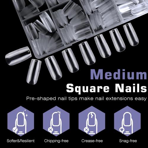 600pc Medium Square Nail Tips Fake Nails Press on Nails Clear Nail Tip Full Cover False Nails Artificial Fingernail, 12 Size Soft Gel Nail Tips Square for Acrylic Nail Gel Nail Extensions