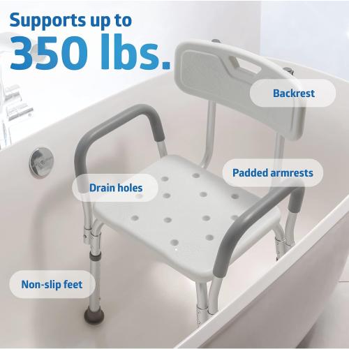 Medline Shower Chair with Backrest and Padded Armrests - 350 lb. capacity, Bath Bench, Seat, Stool for Independent Adult, Seniors, Elderly & Disabled Patients