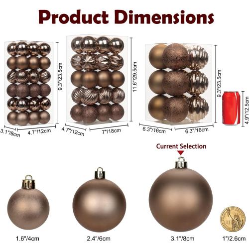 3.15 Christmas Ball Ornaments Brown 12 Pcs Shatterproof Christmas Tree Decorations Xmas Tree Medium Christmas Ornaments Balls with Hanging Loop for Halloween Wedding Holiday Party Wreath Home Decor