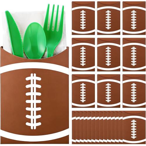 Tinlade 24 Pcs Football Utensil Holder Paper Silverware Sleeves, 3.54 x 5.12 Inch Disposable Cutlery Holders, Utensil Bags for Football Party Supplies, Sports Event, Birthday, Kitchen Decorations