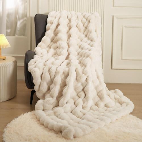 Super Comfort Oversized Warm Thick Bubble Luxury Plush Rabbit Faux Fluffy Blanket,Soft  for White, queen 90x90)