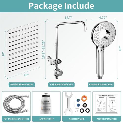 10 Rainfall Shower Heads with Handheld Spray Combo High Pressure, Magnetix Shower Head with Filters for Hard Water, 2 in 1 Dual Shower Head with Handheld and Adjustable Slide Bar (Chrome)