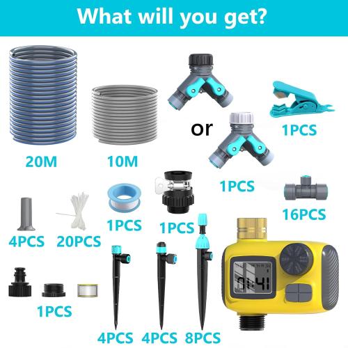 Drip Irrigation System Kit with Water Timer 100FT，1/2 inch Hose 1/4 inch Distribution Tubing，Water Timer for Garden Hose with Anti-Leakage Quick Connector and Drip Emitters,for Potted Plant