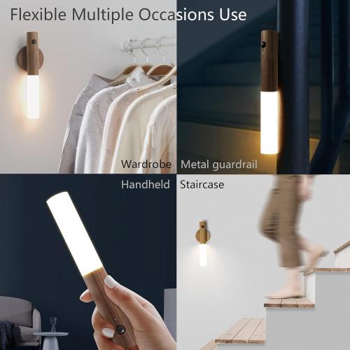 Chilvane Motion Sensor Light Indoor Night Light Wall Sconce Wooden Rechargeable Portable Magnetic Battery Operated LED Night Light for Kids Bathroom Toliet Light Closet Bedroom,White Ash Wood Pack 2
