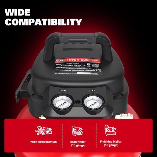 ECOMAX Air Compressor 6 Gallon 175 PSI Pancake Portable Oil-free Tank with 10 PCS Accessories Kit