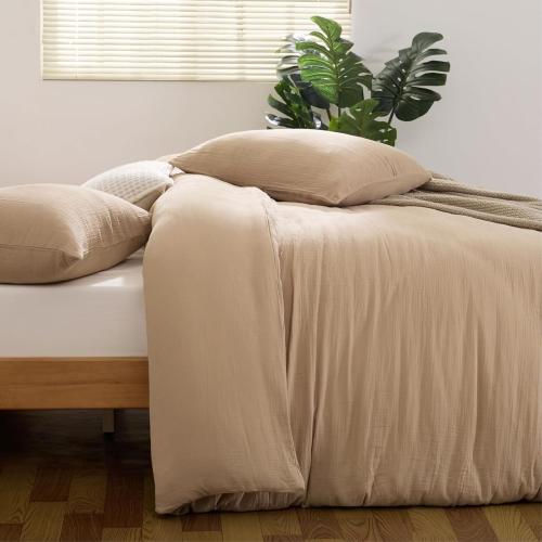 100% Sandwashed Cotton Duvet Cover Queen Size, Soft Queen Duvet Cover Set 3 Pieces with Zipper Clousre & Corner Buttons (Linen, Queen 90 x 90)