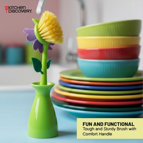 Cute Dish Brush with Stand – Kitchen Discovery – Daisy in a Vase Brightens The Sink Area While Keeping a Kitchen Dish Brush at Hand – Fun Gift for Fans of Cute Cleaning Supplies