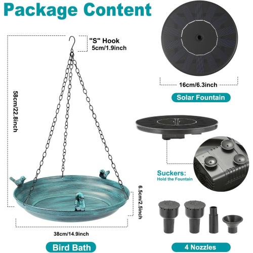 Size 14.9 Color Blue  Hanging Solar Bird Bath Fountain, 14.9inch Diameter Durable Green Metal Bird Bath Bowl with Solar Powered Pump & 4 Water Spray Nozzles for Outdoor Garden Backyard Patio Lawn