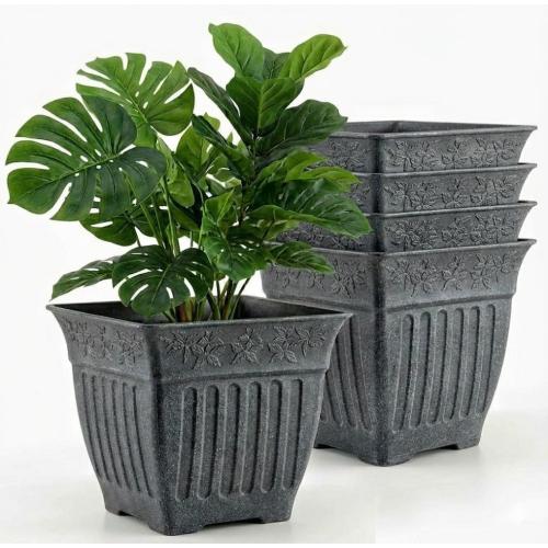 18'' Large Square Planter for Plants - 4 Pack Imitation Cement Plastic Flower Pots with Drainage Holes & 2cm Raised Base, 14 Gal Decorative Stone Like Garden Pot, Retro Plant Container