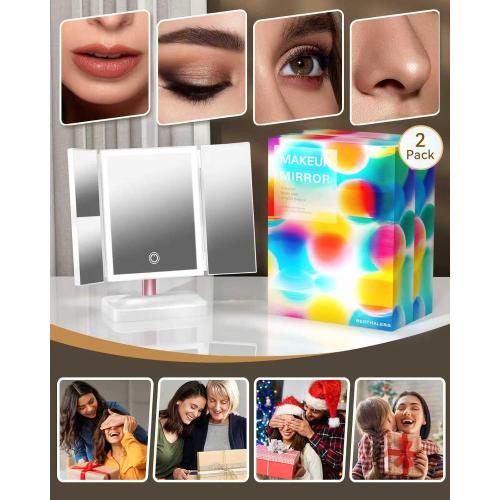 BERTHALESS 2 Pack for Mom Makeup Mirror Vanity Mirror with Lights, 14.4 L x 9.1 W Rechargeable Lighted Mirror with 1X 2X, 3X, Magnification