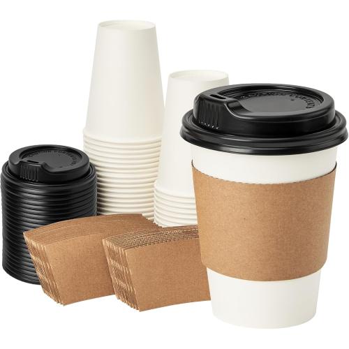 RACETOP 12 oz 50 pack Disposable Paper Coffee Cups with Lids and Sleeves