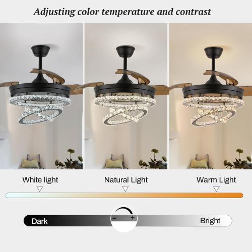 42 Black Dimmable LED Fandeliers Crystal Chandelier Ceiling Fan with Lights Modern Invisible Crystal Fan 3 LED Color Change with Memory Function