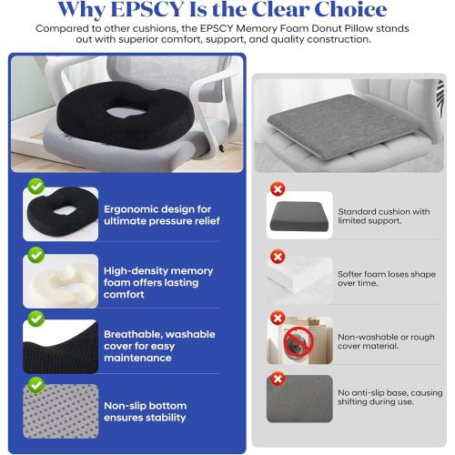 EPSCY Ergonomic Memory Foam Donut Cushion, Pressure-Reducing Seat Support for Enhanced Comfort, Ideal for Office, Car, Wheelchair, Post-Sitting Recovery & Everyday Seating, Breathable Removable Cover