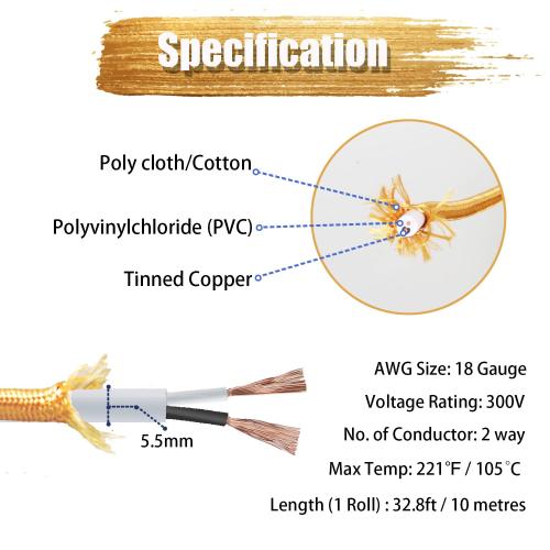 Helunsi 32.8ft Cloth Covered Lamp Cord, 18 AWG 2 Conductor Gold Vintage Electrical Cord Braided Electrical Wire, 18 Gauge Round Rayon Fabric Covered Wire for DIY Antique Industrial Lighting Project