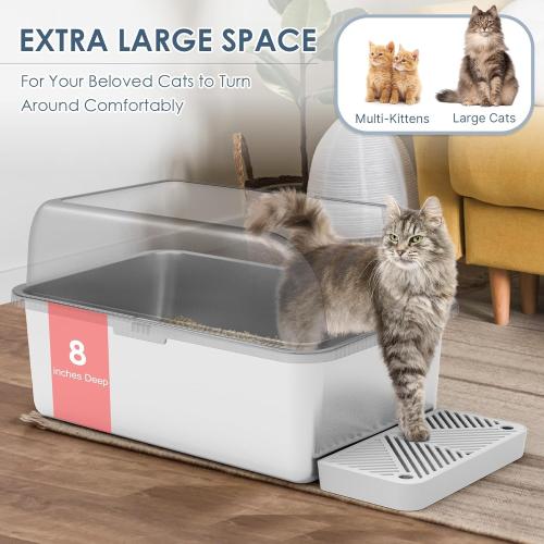 8 Deep Stainless Steel Cat Litter Tray with Lid Extra Large Litter Box for Big Cats XL Metal Litter Box Pan with High Wall Sides Enclosure, Non-Sticky, Anti-Leakage, Easy Cleaning