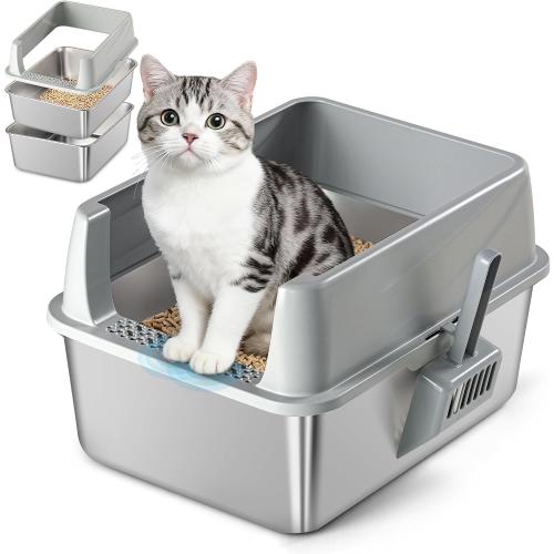 Stainless Steel Sifting Litter Box for Pine Pellets, Sifting Cat Litter Box with Sifter, High Side for Small Cats, Anti-Leakage, Odor Control, Includes Scooper, 17.7 x 13.8 x 11
