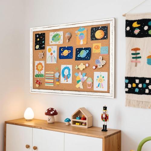 Cork Board Bulletin Board, 36 x 24 Corkboard for Wall, Rustic White Wooden Frame, Hanging Pin Board for Home & Office Decor, 10 Push Pins