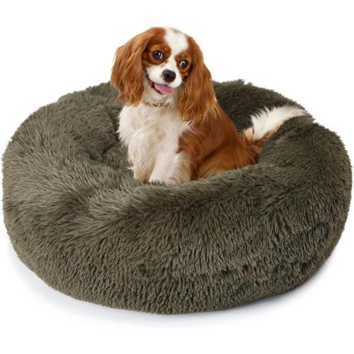 Calming Donut Dogs Beds for Small Dogs Washable,23inch Plush Round Pet Bed for Cozy Sleep,Fluffy Faux Fur Large Cat Bed,Fits up to 25 lbs Pets,Army Green