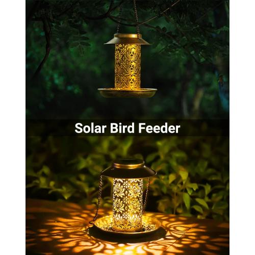 Bronze SWEETFULL Solar Bird Feeder for Outdoors Hanging, Metal Wild Bird Feeder for Cardinals Solar Garden Lantern with S Hook as Gift for Bird Lovers