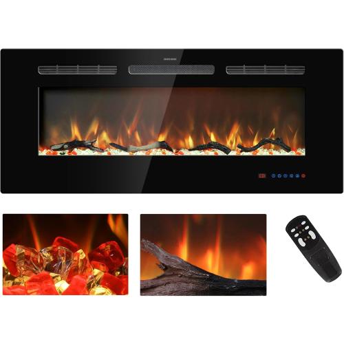 Size 42 inches Electric Fireplace Inserts, Recessed and Wall Mounted Fireplace Heater, Linear Fireplace w/Thermostat, Remote & Touch Screen, Multicolor Flame, Timer, Logs & Crystal, 750W/1500W