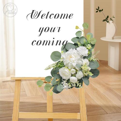 Artificial Wedding Arch Flowers for Wedding Sign,Set of 2 for Wedding Welcome Ceremony Sign,Faux Floral Swags,Wedding, Banquet and Reception Backdrop Floral Decoration (White)