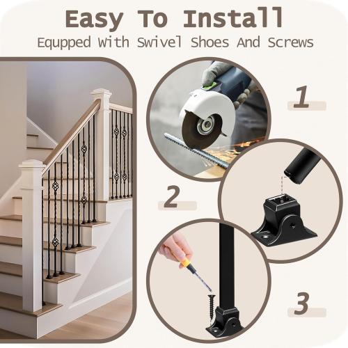 30 Pack Wrought Iron Balusters for Staircase Interior, 1/2 x 44 Hollow Deck Spindles Stair Railing Indoor with 60 Fixed Swivel Shoes, Metal Double Basket Decorative Stair - Matte Black