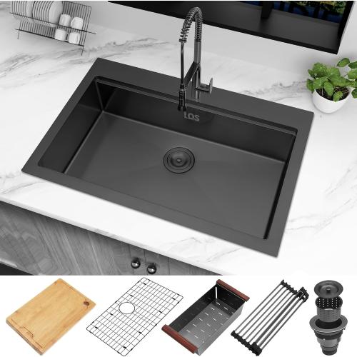 Black Drop In Sink 33x22, Matte Black Stainless Steel Sink Drop In 33x22, 16 Gauge Stainless Steel Black Kitchen Sink with Workatation Ledge and Abundant Accessories