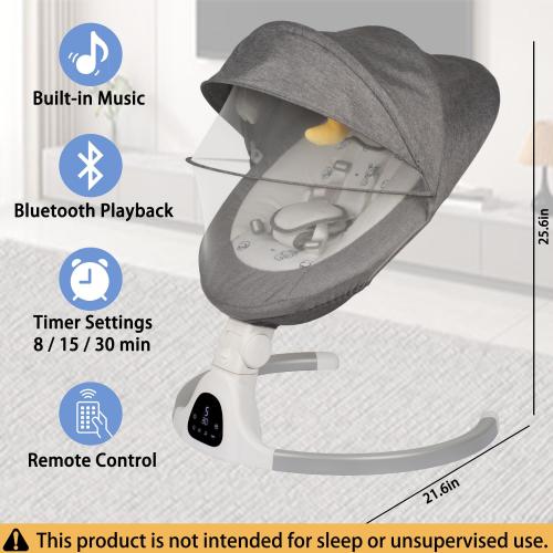 Electric Baby Swing for Infants, 5-Speed Adjustable Swing with Bluetooth Music, Timer, 5-Point Harness and Stable Base for Supervised Daytime Use (Grey)