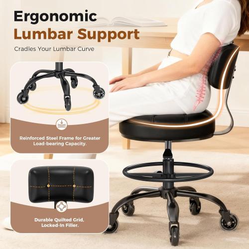 Office Drafting Chair with Footrest, Tall Height Adjustable Stool with Back Support, Heavy Duty Rolling Stool Chair with Wheels for Office Home Kitchen Bar Shop Guitar Studio Medical Vanity(Black)