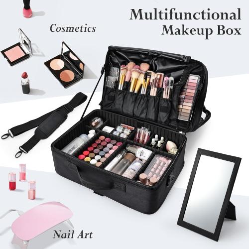 Large Makeup Bag, 17” Makeup Train Case Big Make up Nail Bag Organizer Case 3 Layers Artist Travel Organizer Box Tattoo Carrying Cases Vanity Bag with Mirror/Shoulder Strap/Attach to Suitcase