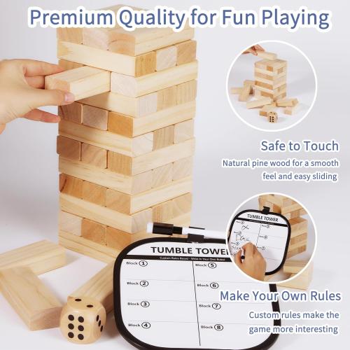 Giant Tumble Tower, 56 PCS Wooden Stacking Game (Stack to 3.5FT) - Pine Stack Timber Board Play with Carrying Bag-Classic Indoor/Outdoor Games for Adults Family