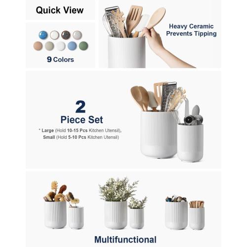 LE TAUCI Utensil Holder, 7.3 5.4 Ceramic Kitchen Utensil Holder for Countertop, Large Cooking Utensil Crocks for Kitchen Counter Decor, Morden Utensil Organizer for Spatula, Set of 2, White