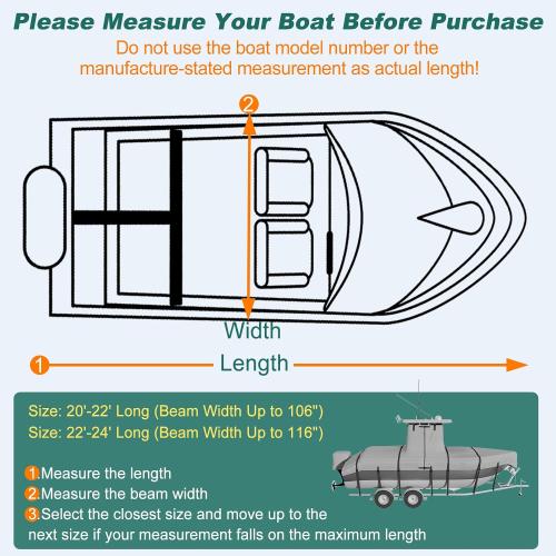 Heavy Duty Ture 900D T-Top Boat Cover 22ft - 24ft with Motor Cover, 100% Waterproof Solution-Dyed Center Console Boat with T Top Roof 22-24 Foot with Upgraded 19 Windproof Straps