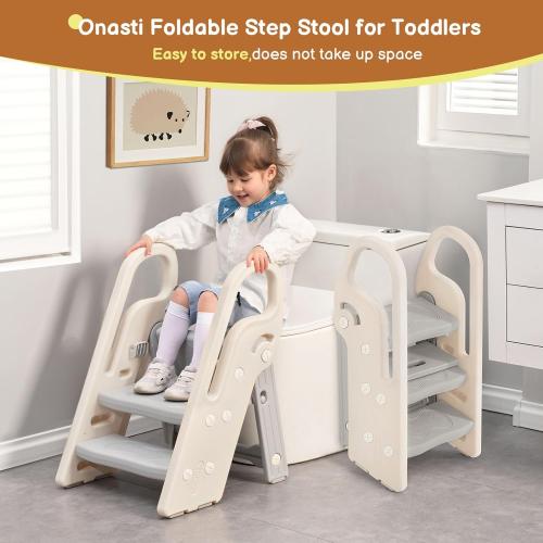 Onasti Foldable Step Stool for Bathroom Sink, Adjustable 3 Step Stool for Kids Toilet Potty Training Stool with Handles, Child Kitchen Counter Stool Helper, Plastic Ladder for Toddlers Grey