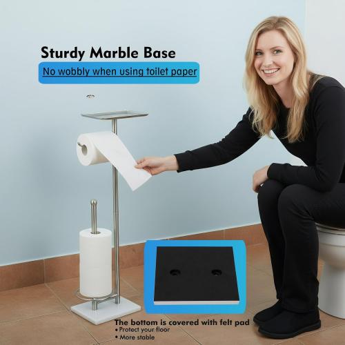 Toilet Paper Holder with Shelf, Free Standing Toilet Paper Holder with Storage - Toilet Paper Stand for Holding Extra 3 Rolls, Tissue Holder for Bathroom (Brushed Nickel with Marble Base)