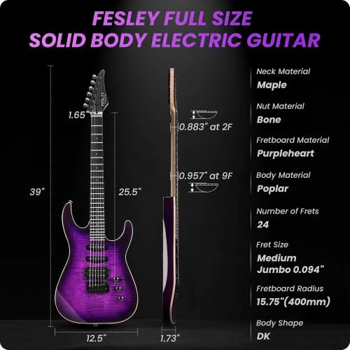 39 Solid Body Electric Guitar: Electric Guitar Kit with Bone Nut, Full Size 6 String Guitars with 24 Frets 10 Pack Guitar Picks (Purple)