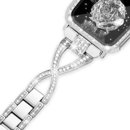 wipalor Dressy X Band for Silver Apple Watch Bands 44mm for Women with Bling Diamond Case, Metal Thin iWatch Bands for women, Designer Cute Band for Apple Watch SE Series 6 Series 5 4-Silver