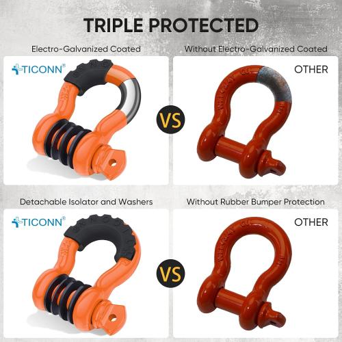 TICONN 2 Pack D Ring Shackle with 7/8 Screw Pin 57,000Ibs Break Strength, 3/4 Heavy Duty Shackles with Isolator & Washers for Tow Strap Winch Off Road Vehicle Recovery (Orange/Black)