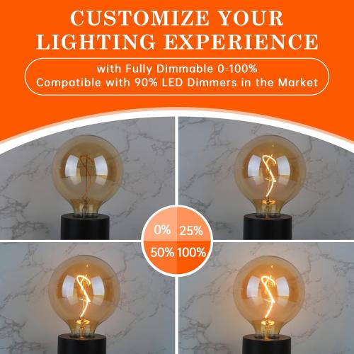 G125 /G40 Amber Glass Large Oversized Dimmable LED Edison Bulb, E26 2200K Warm White Extra Big Round Vintage Light Bulbs, 4 Watt 150LM Decorative 25Watt Globe for Bedroom Living Room Bar and cafe