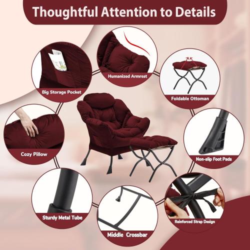Lazy Chair with Folding Ottoman, Accent Chair Velvet Upholstered with Metal Structure and Non-Slip Pads, Sofa Armchair with Footrest and Side Storage Bag for Dorm, Room, Office, Burgundy