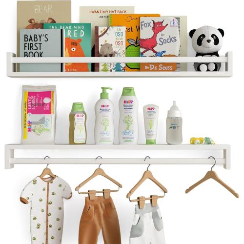 Wallniture Utah 32 White Nursery Bookshelves Wall Mounted, Wood Floating Book Shelves for Kids Room Set of 2